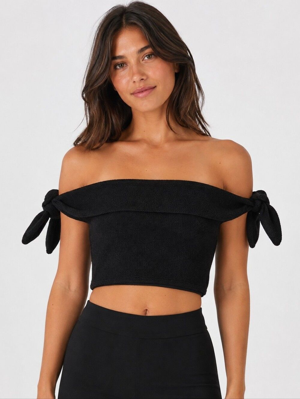 & Other Stories Black Off Shoulder Tie Sleeve Crop Top US 8 NWT Vacation Party